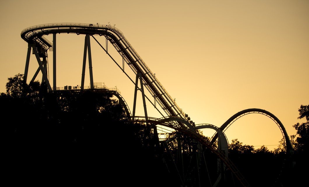 A roller coaster at sunset
