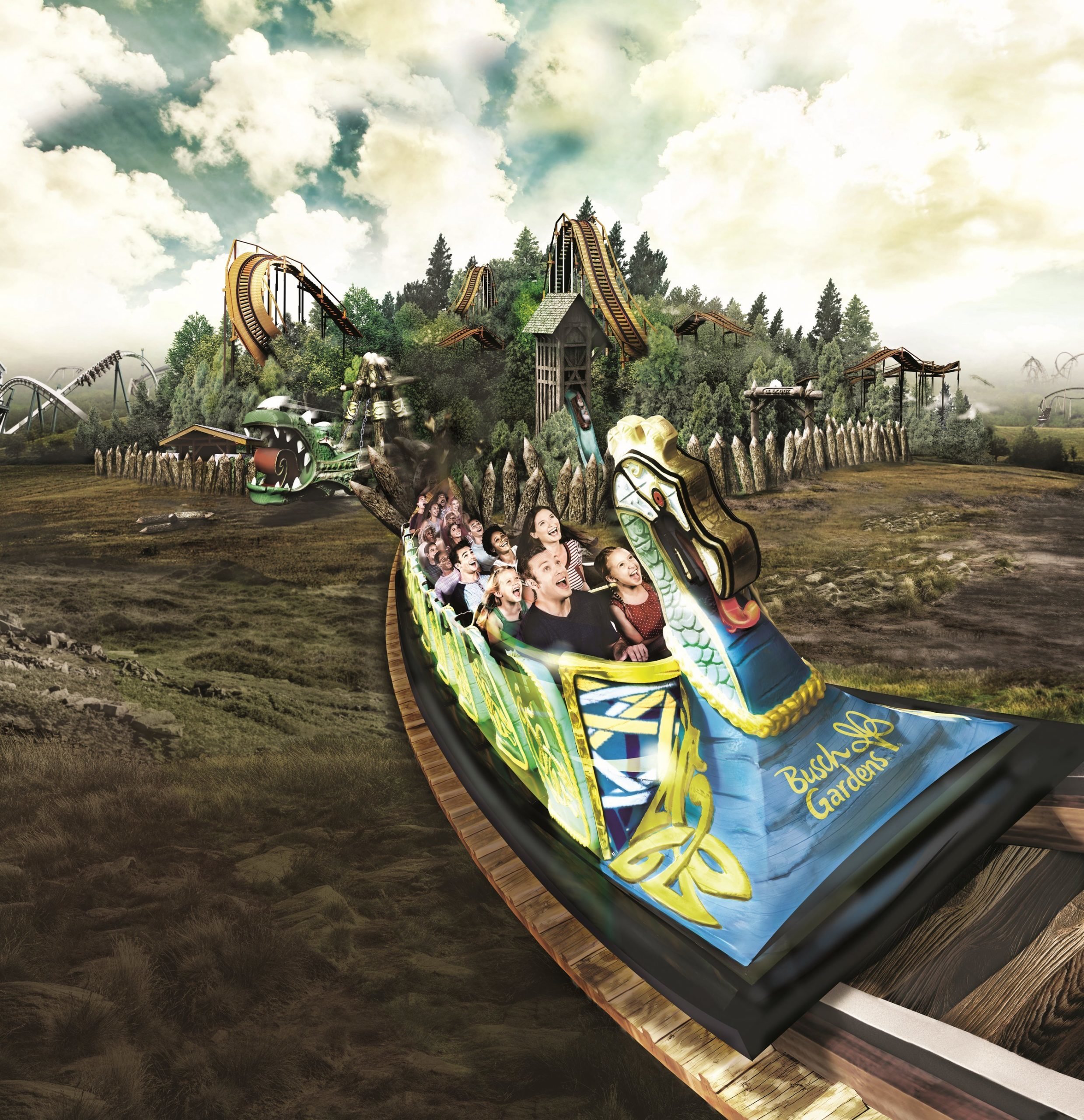 Riders on a wooden roller coaster with gloomy trees in the background