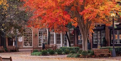 Front of brick building with trees in front with orange and yellow leaves